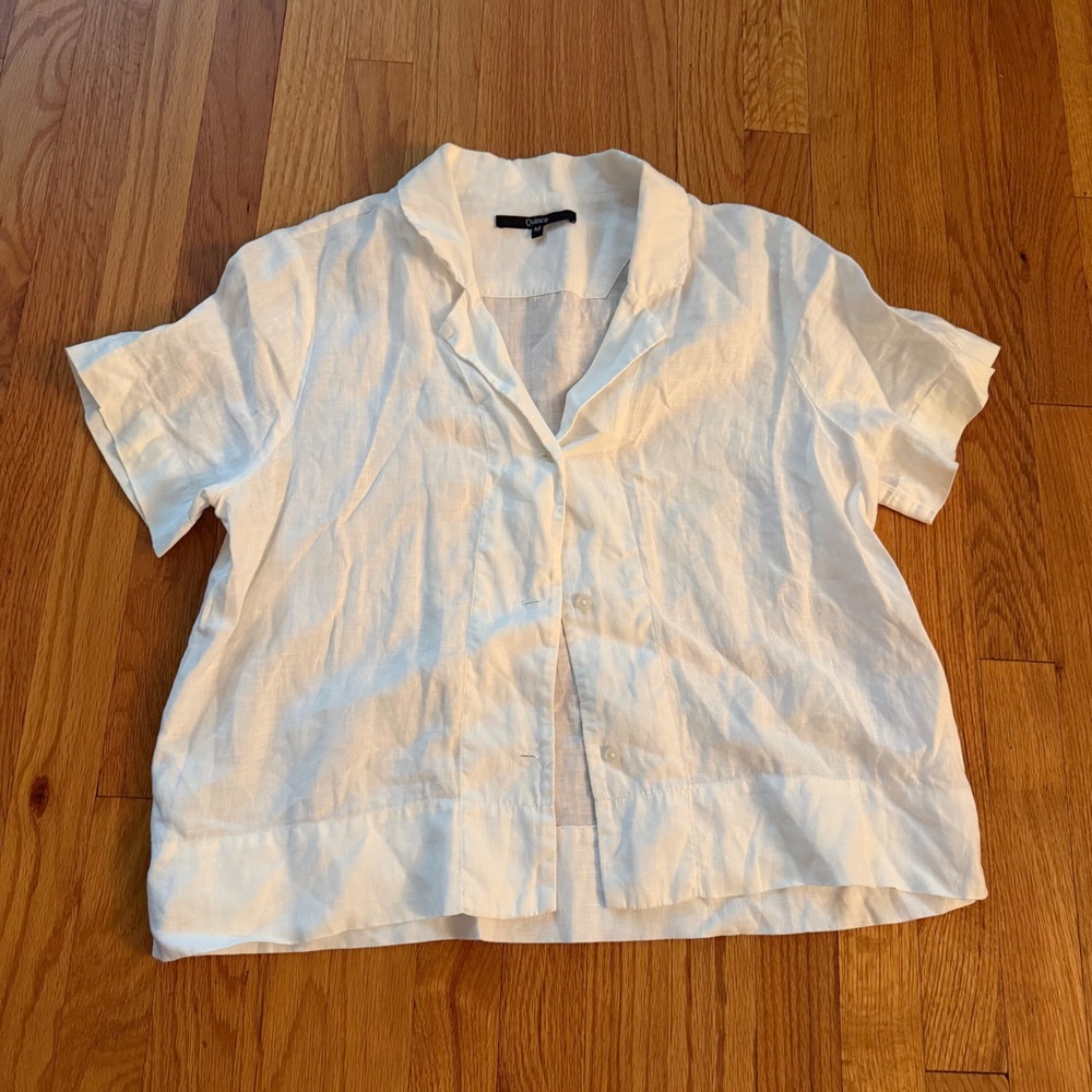 Quince 100% European Linen Short Sleeve Shirt Size M White Camp Collar Boxy Top